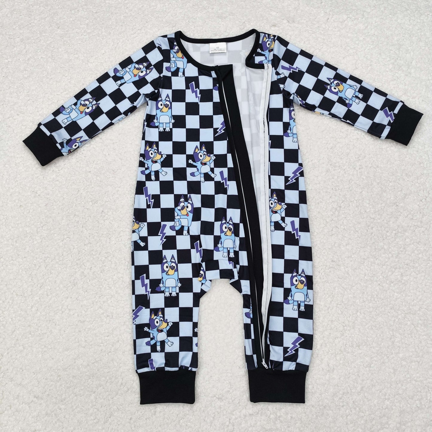 LR1910 cartoon blue dog checkerboard long sleeve girl romper 202410 RTS