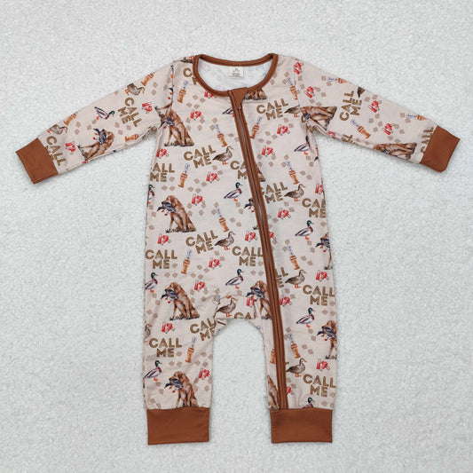 NO MOQ RTS LR1991 Bamboo Baby Boy Clothes Call Me Duck Hunting Dog Print Long Sleeve Zipper Romper 202610