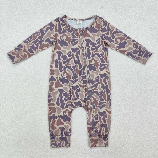 NO MOQ RTS LR2050 Baby Girl Clothes Dusty Mauve Purple Camo Print Long Sleeve Zipper Romper 202610