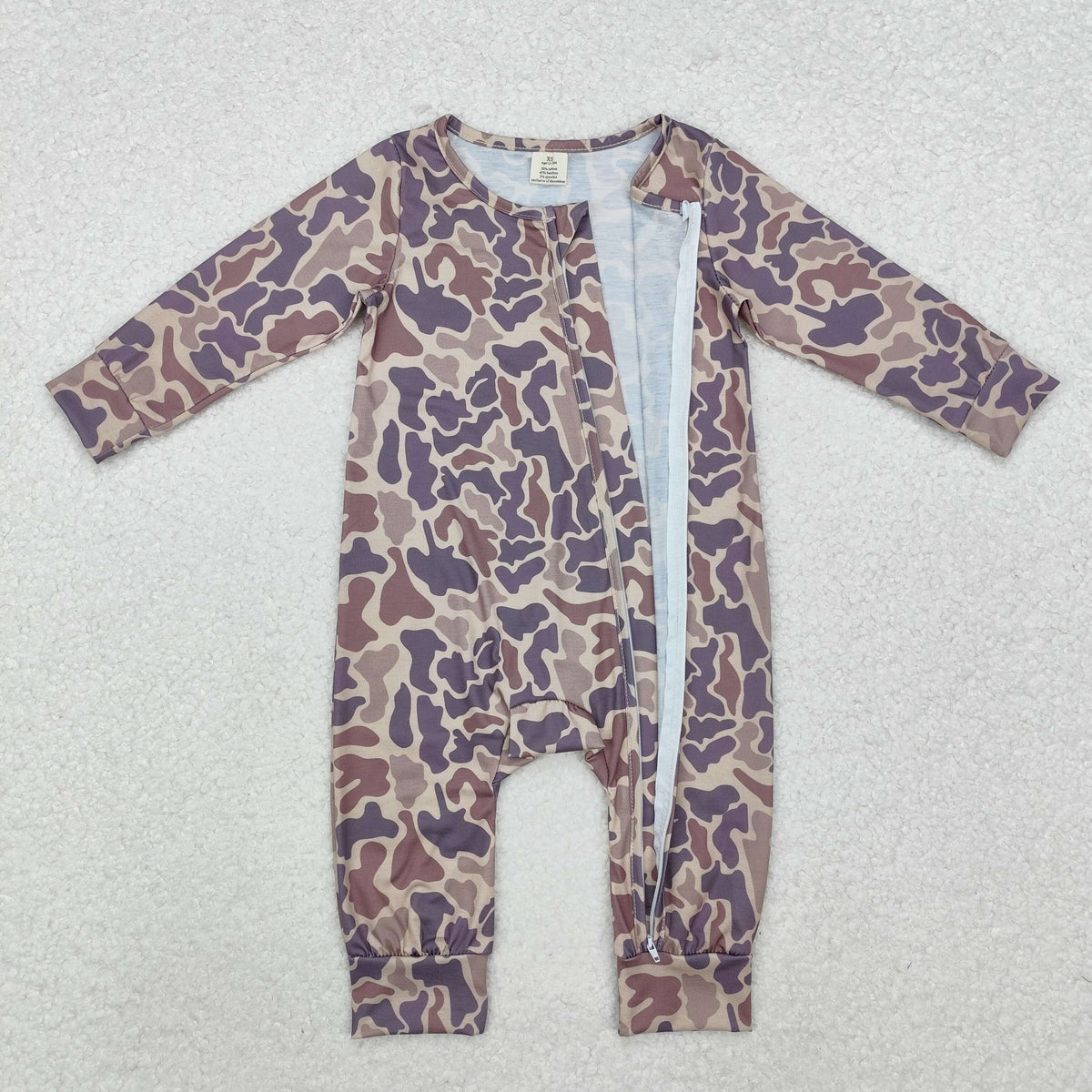 NO MOQ RTS LR2050 Baby Girl Clothes Dusty Mauve Purple Camo Print Long Sleeve Zipper Romper 202610