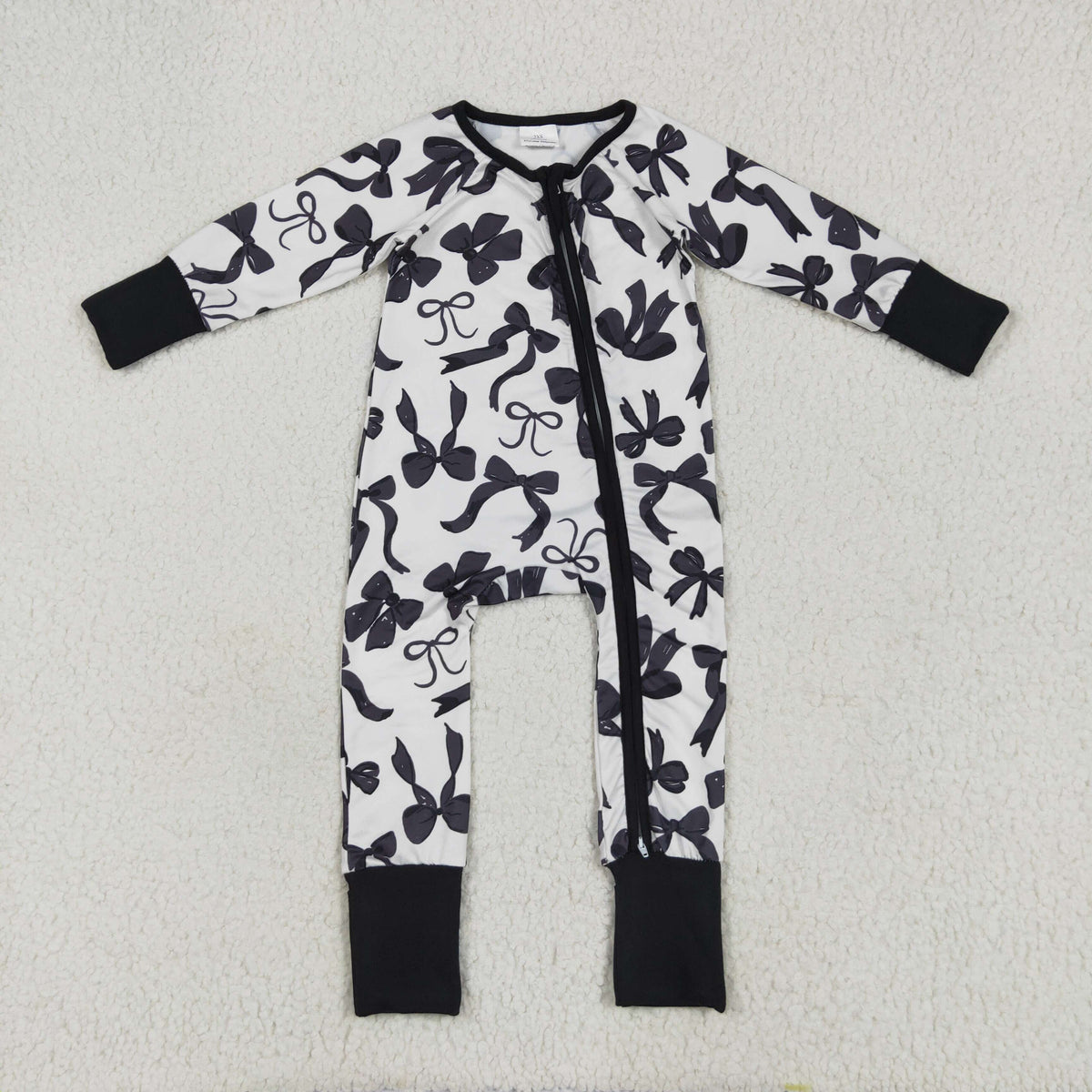 NO MOQ RTS LR2253 Baby Girl Clothes Black Bow Pattern Print Long Sleeve Zipper Romper 202610