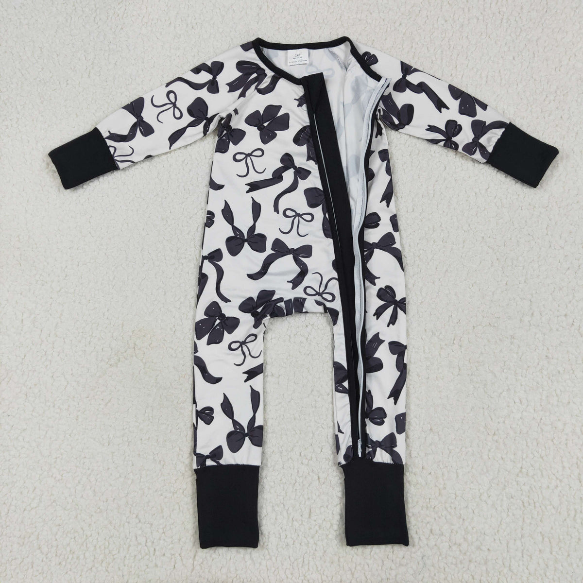 NO MOQ RTS LR2253 Baby Girl Clothes Black Bow Pattern Print Long Sleeve Zipper Romper 202610