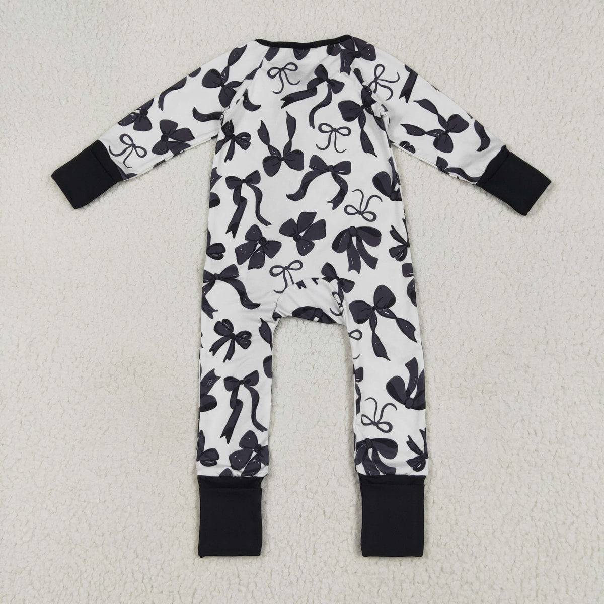 NO MOQ RTS LR2253 Baby Girl Clothes Black Bow Pattern Print Long Sleeve Zipper Romper 202610