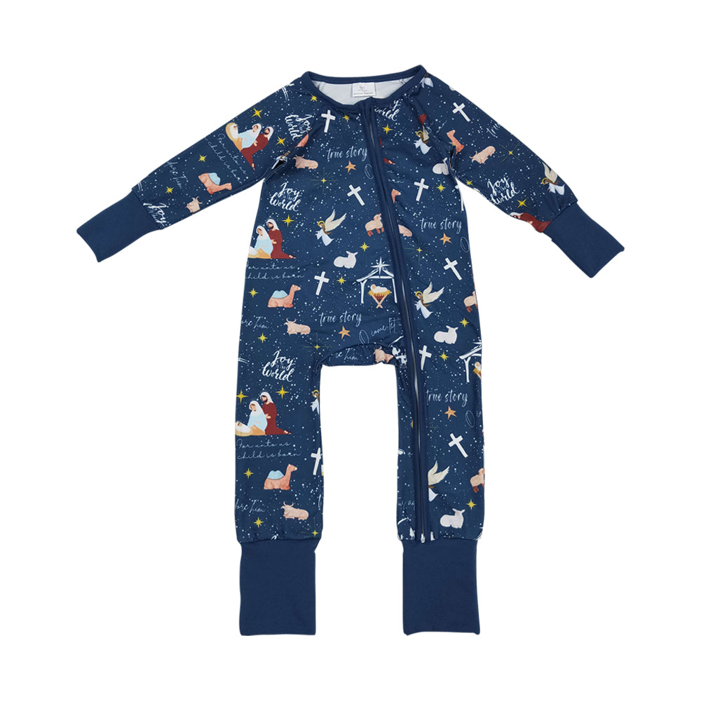 NO MOQ RTS LR2504 Baby Girl Clothes Nativity Christmas Scene Print Long Sleeve Zipper Romper 202610