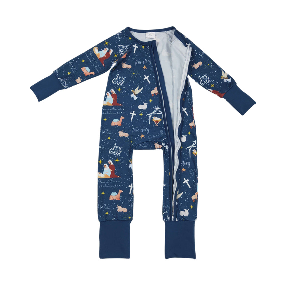 NO MOQ RTS LR2504 Baby Girl Clothes Nativity Christmas Scene Print Long Sleeve Zipper Romper 202610