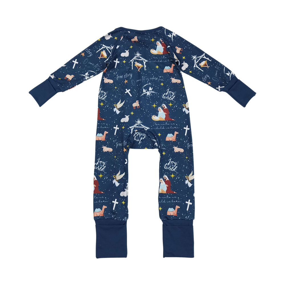 NO MOQ RTS LR2504 Baby Girl Clothes Nativity Christmas Scene Print Long Sleeve Zipper Romper 202610