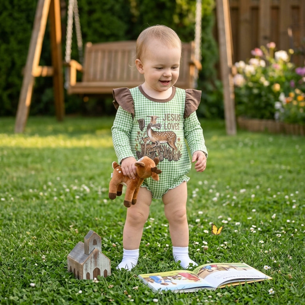 NO MOQ RTS LR2551 Baby Girl Clothes Green Gingham Letter Duck Hunting Print Long Sleeve Ruffle Bubble Romper 202610