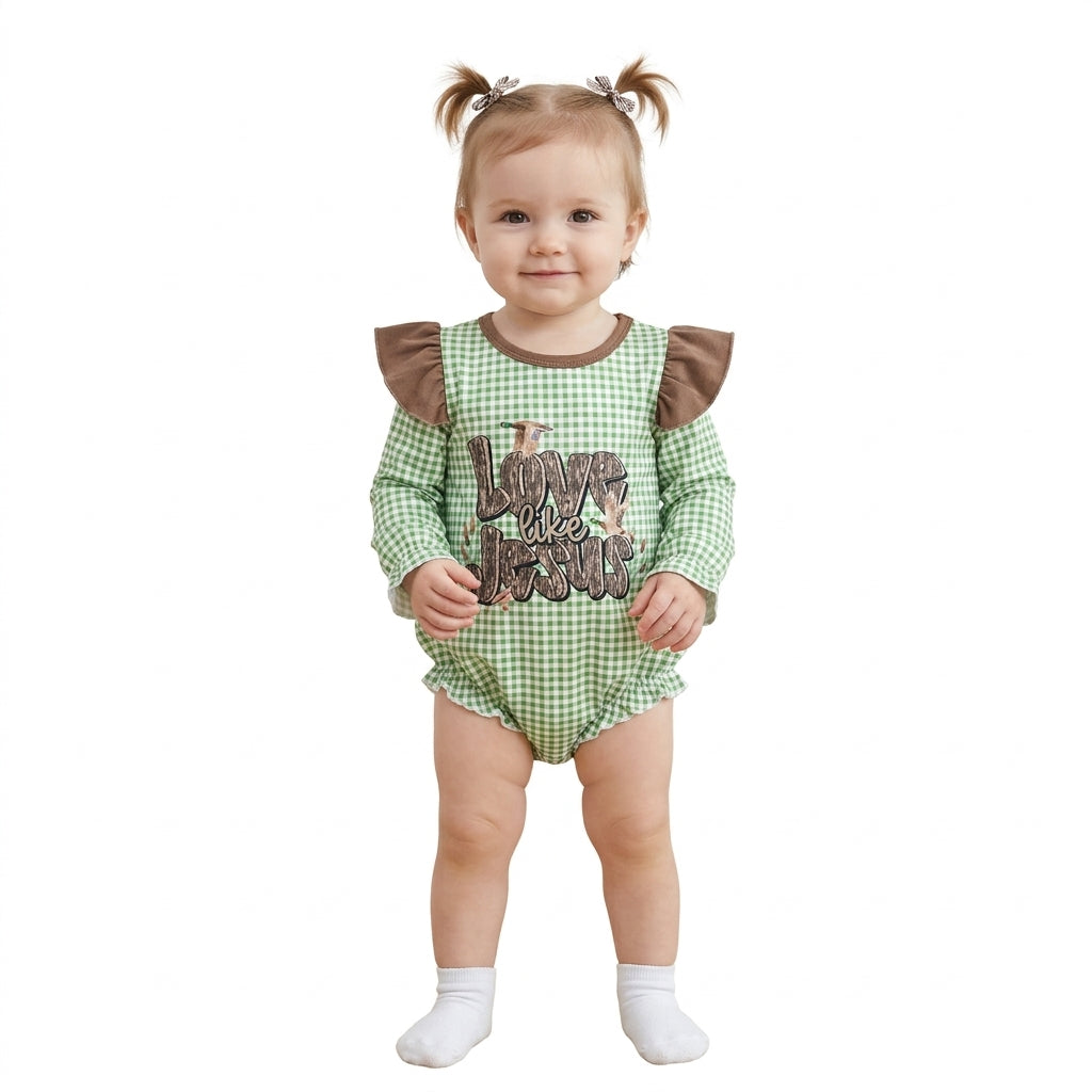 NO MOQ RTS LR2551 Baby Girl Clothes Green Gingham Letter Duck Hunting Print Long Sleeve Ruffle Bubble Romper 202610