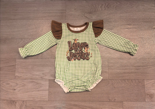 Sample-Real Pics LR2551 Baby Girl Clothes Green Gingham Love Like Jesus Duck Graphic Print Long Sleeve Ruffle Bubble Romper