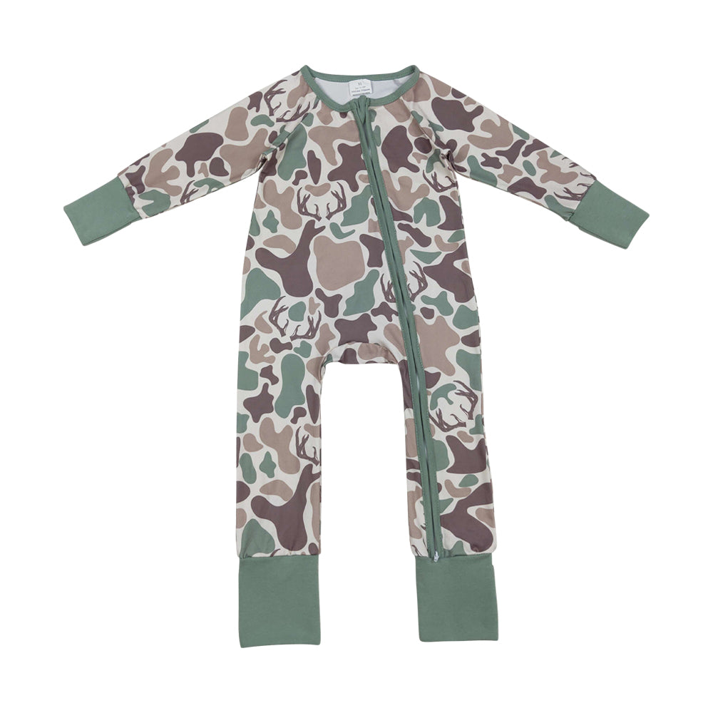 NO MOQ RTS LR2582 Baby Boy Clothes Deer Antler Camo Print Long Sleeve Zipper Romper 202610
