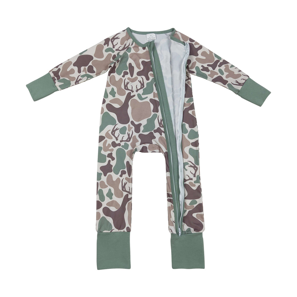 NO MOQ RTS LR2582 Baby Boy Clothes Deer Antler Camo Print Long Sleeve Zipper Romper 202610