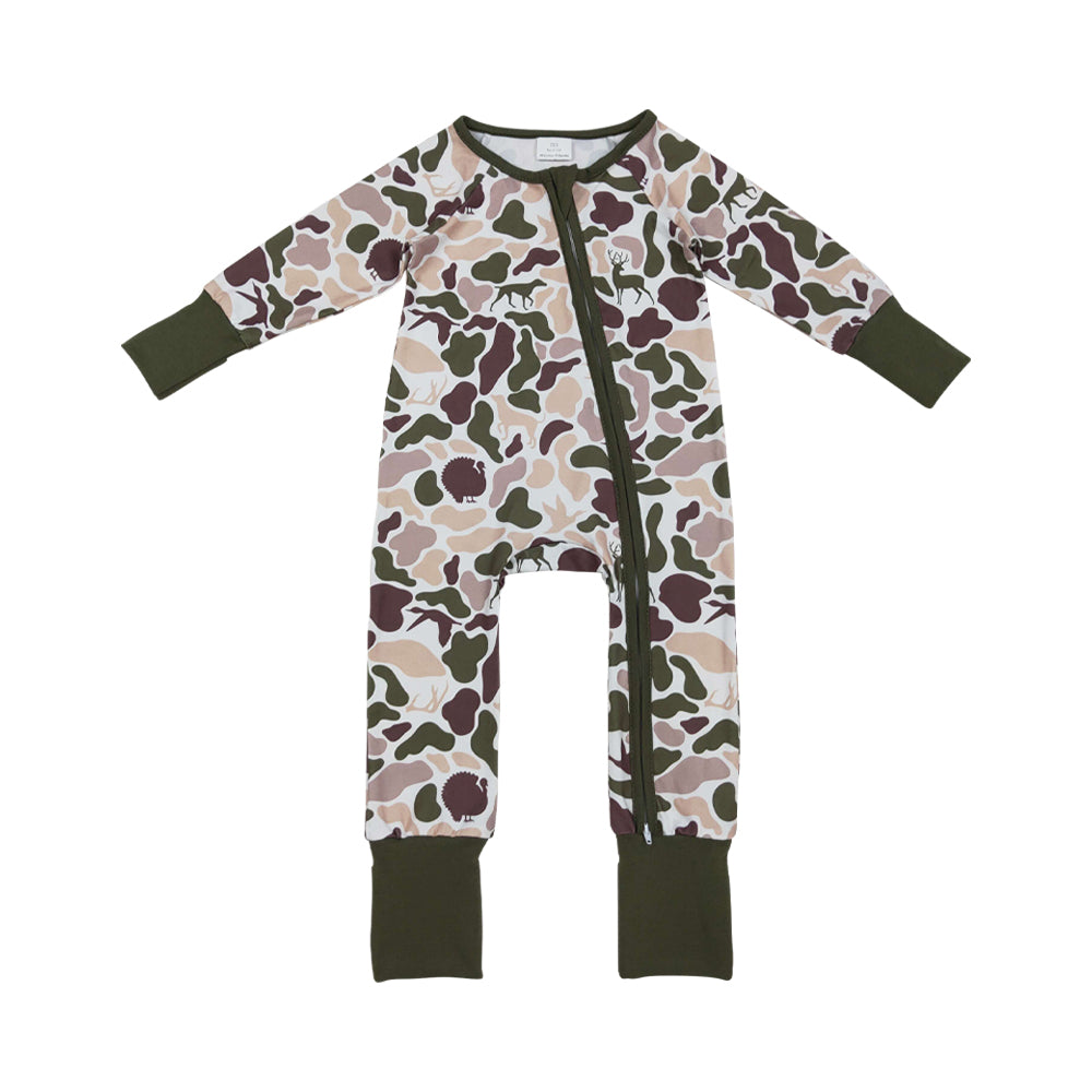 NO MOQ RTS LR2590 Baby Boy Clothes Turkey Deer Hunting Camo Print Long Sleeve Zipper Romper 202610