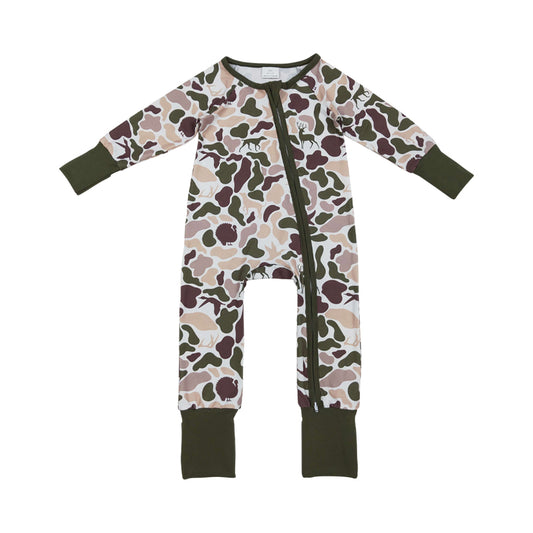 NO MOQ RTS LR2590 Baby Boy Clothes Turkey Deer Hunting Camo Print Long Sleeve Zipper Romper 202610