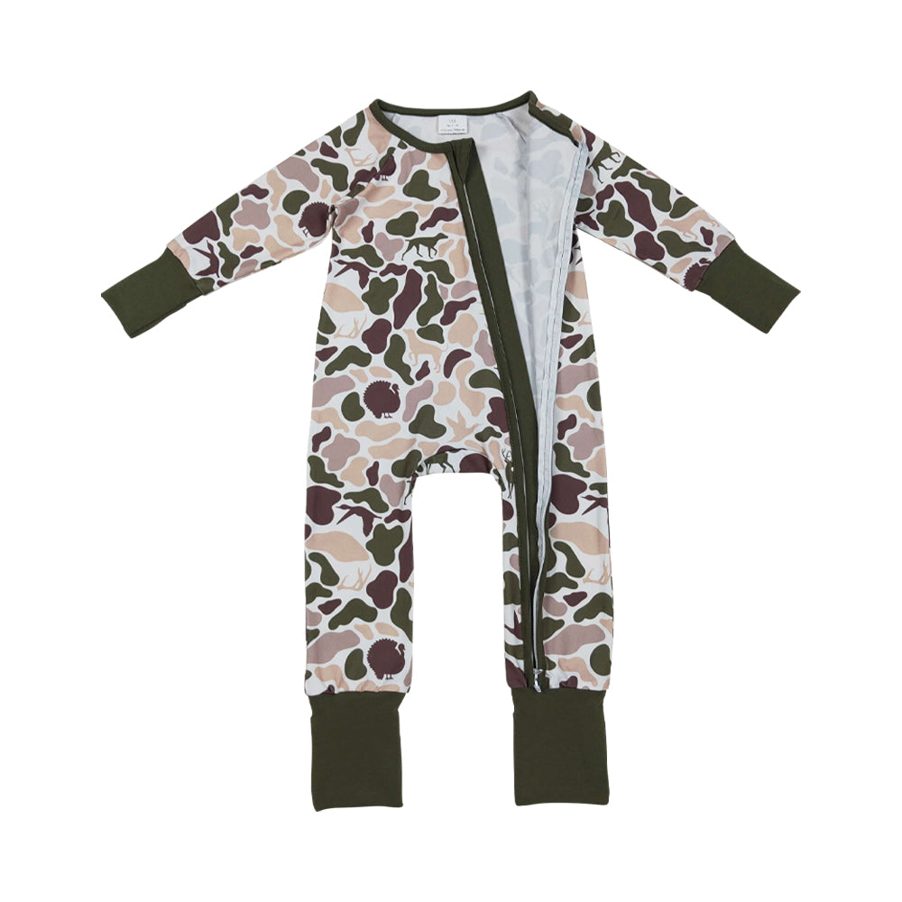 NO MOQ RTS LR2590 Baby Boy Clothes Turkey Deer Hunting Camo Print Long Sleeve Zipper Romper 202610