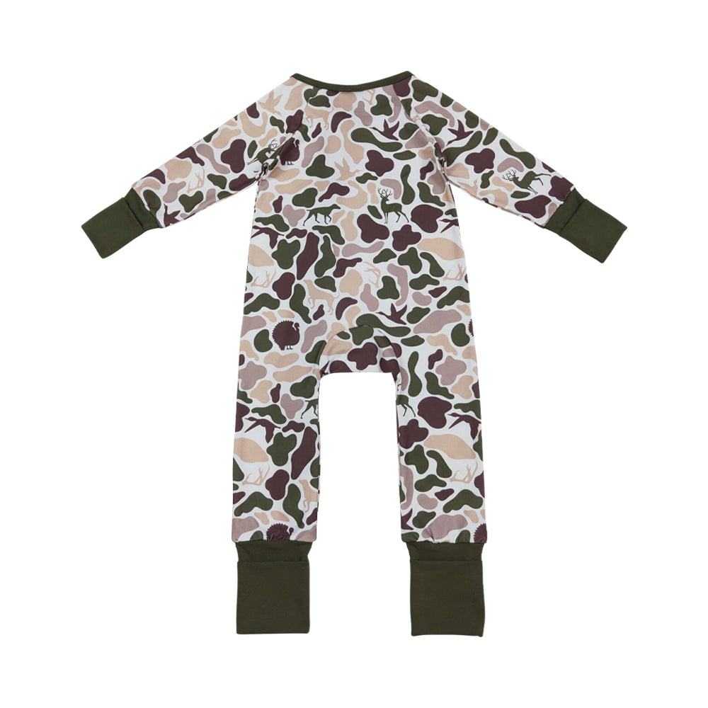 NO MOQ RTS LR2590 Baby Boy Clothes Turkey Deer Hunting Camo Print Long Sleeve Zipper Romper 202610