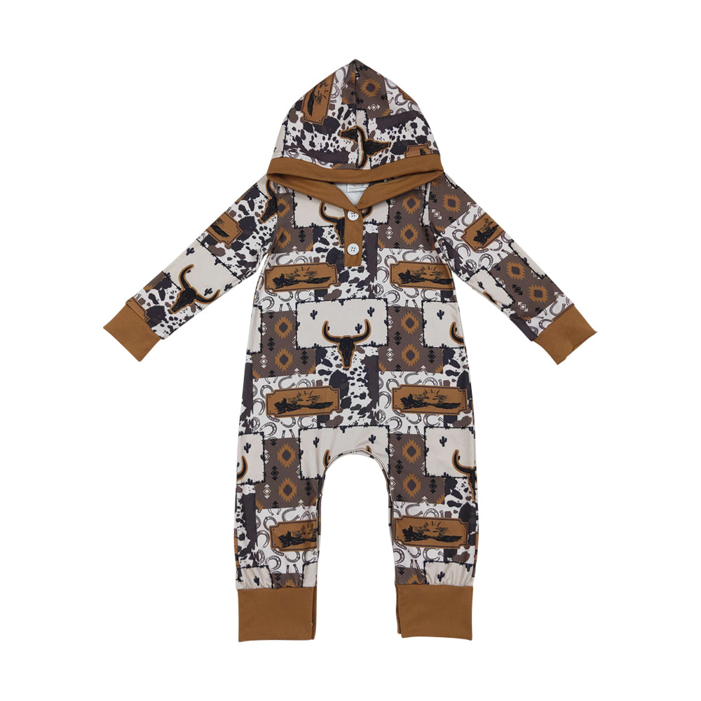 NO MOQ RTS LR2592 Baby Boy Clothes Western Longhorn Cow Patchwork Print Long Sleeve Hooded Romper 202610