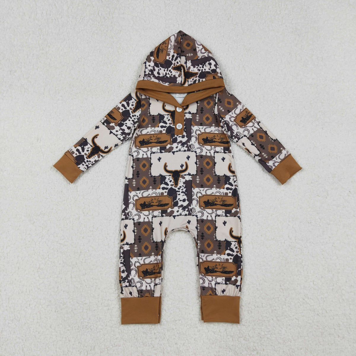 NO MOQ RTS LR2592 Baby Boy Clothes Western Longhorn Cow Patchwork Print Long Sleeve Hooded Romper 202610