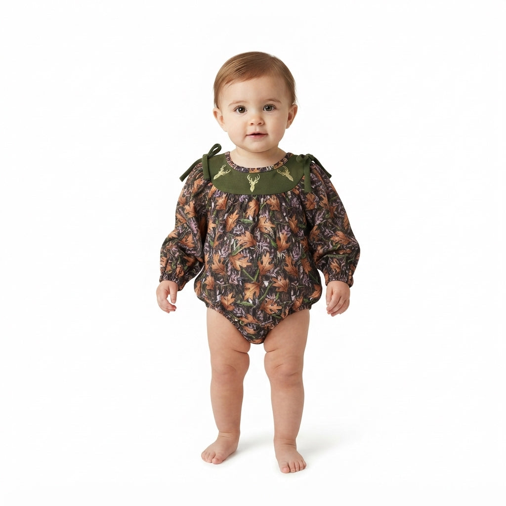 NO MOQ RTS LR2728-embroidery Baby Girl Clothes Fall Leaf Deer Camo Allover Print Long Sleeve Bubble Romper 202609