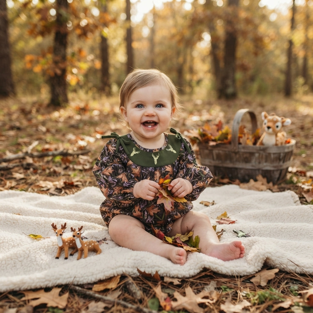 NO MOQ RTS LR2728-embroidery Baby Girl Clothes Fall Leaf Deer Camo Allover Print Long Sleeve Bubble Romper 202609