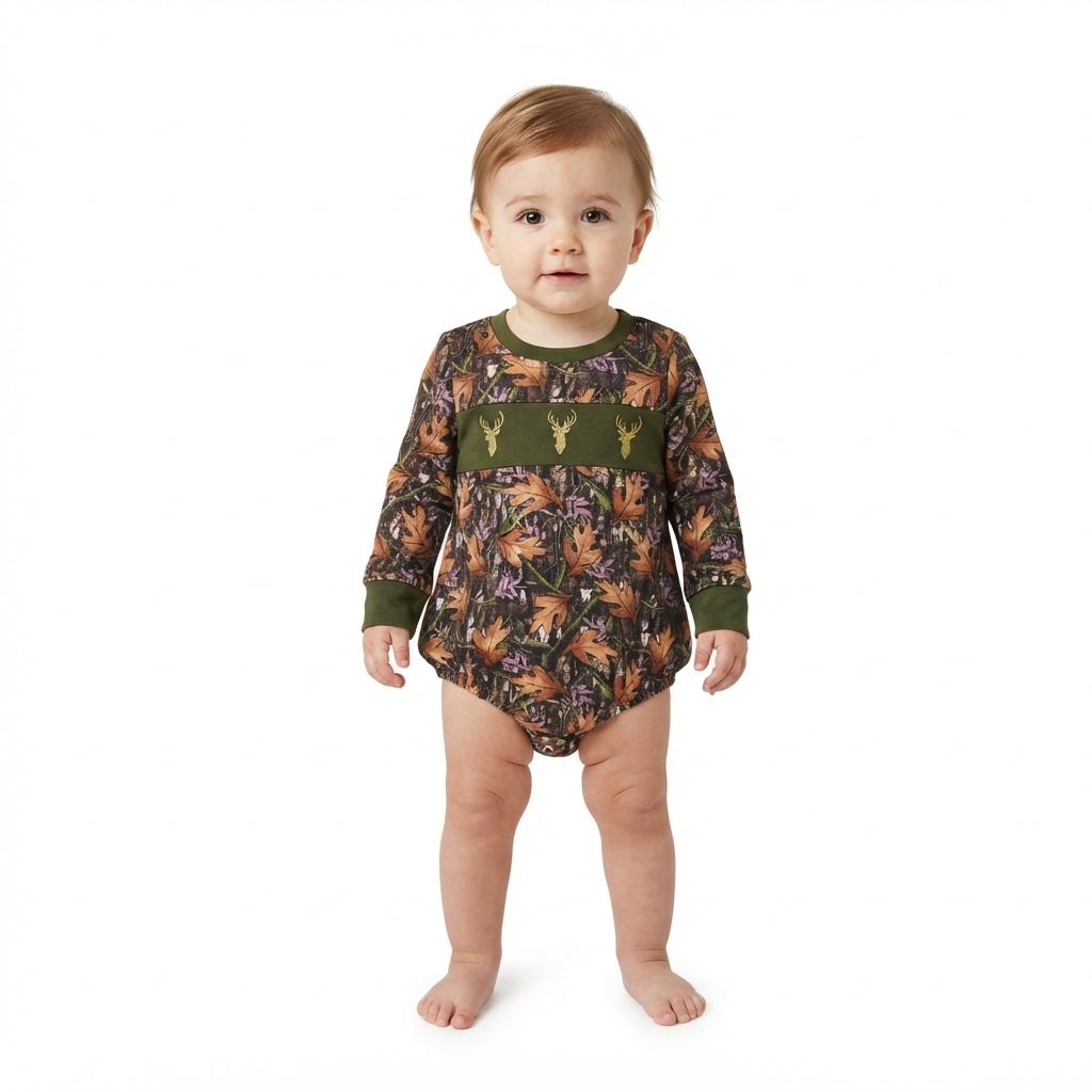 NO MOQ RTS LR2729-embroidery Baby Boy Clothes Fall Leaf Deer Camo Allover Print Long Sleeve Romper 202609