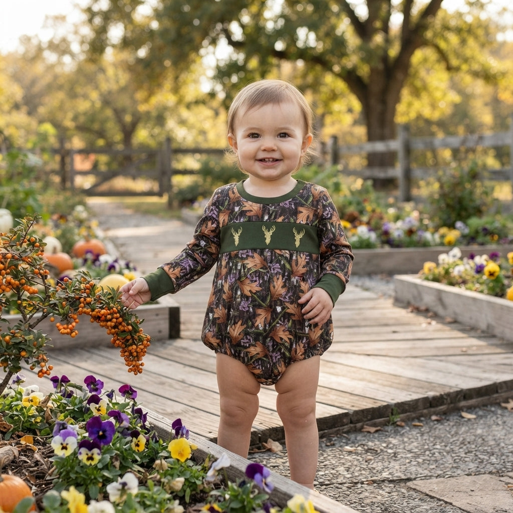 NO MOQ RTS LR2729-embroidery Baby Boy Clothes Fall Leaf Deer Camo Allover Print Long Sleeve Romper 202609