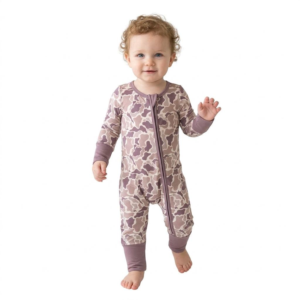 NO MOQ RTS LR2948 Baby Boy Girl Clothes Dusty Purple Camo Mixed Print Long Sleeve Zipper Baby Jumpsuit 202610