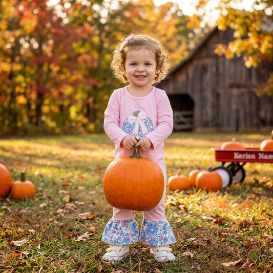 NO MOQ RTS LR3021-embroidery Pink Pumpkin Romper Floral Ruffle Hem Baby Outfit