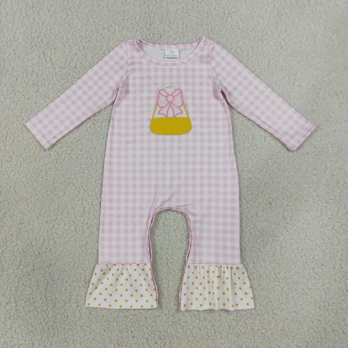 NO MOQ RTS LR3022-embroidery Baby Girl Clothes Pink Gingham Purse Bow Embroidery Long Sleeve Ruffle Flare Romper 202609