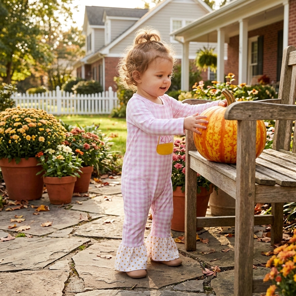 NO MOQ RTS LR3022-embroidery Baby Girl Clothes Pink Gingham Purse Bow Embroidery Long Sleeve Ruffle Flare Romper 202609