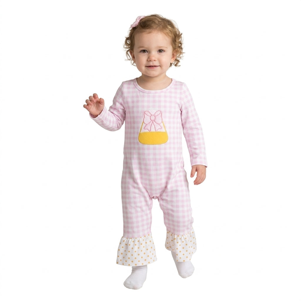 NO MOQ RTS LR3022-embroidery Baby Girl Clothes Pink Gingham Purse Bow Embroidery Long Sleeve Ruffle Flare Romper 202609