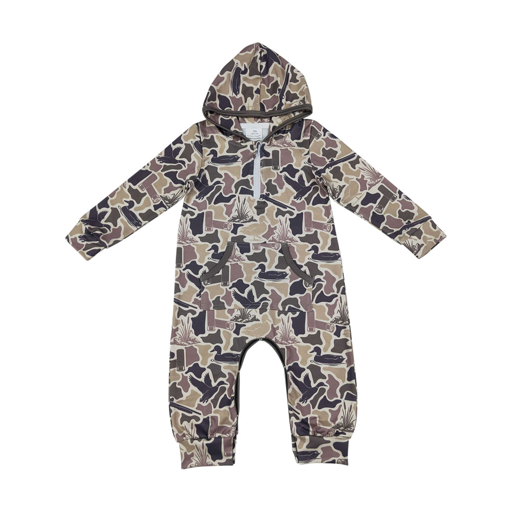 NO MOQ RTS LR3029 Baby Boy Clothes Duck Hunting Camo Print Long Sleeve Zipper Hooded Romper 202610