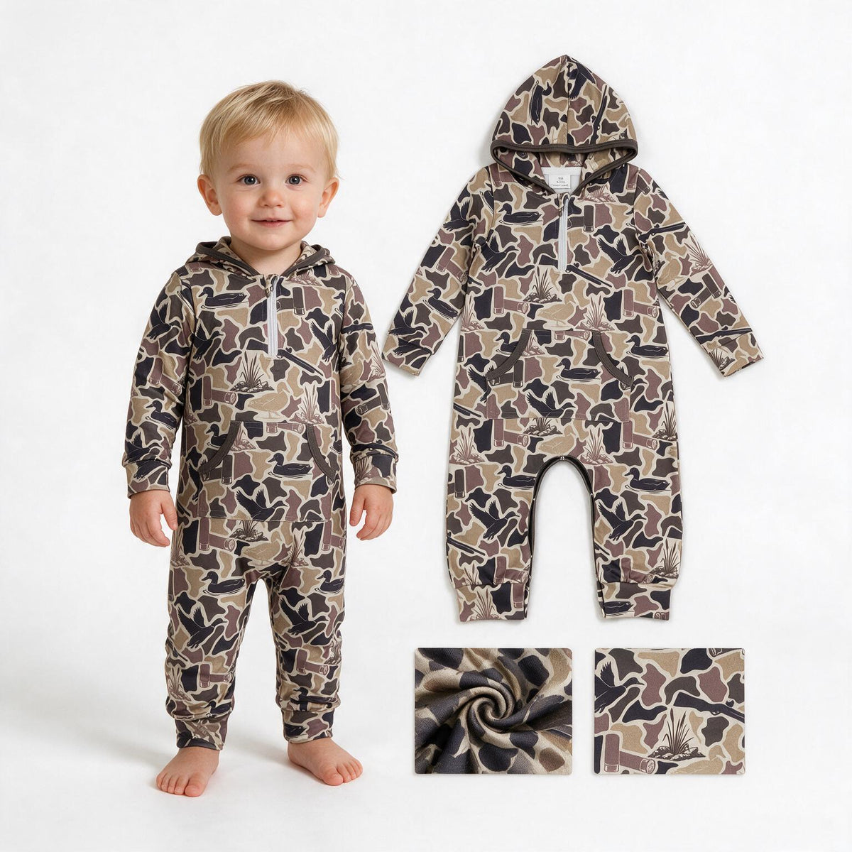 NO MOQ RTS LR3029 Baby Boy Clothes Duck Hunting Camo Print Long Sleeve Zipper Hooded Romper 202610