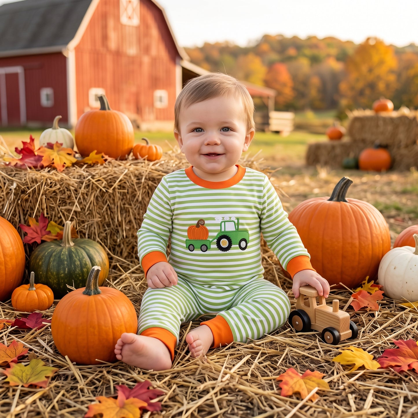 RTS LR3036 embroidery pumpkin truck Halloween boy romper 202609