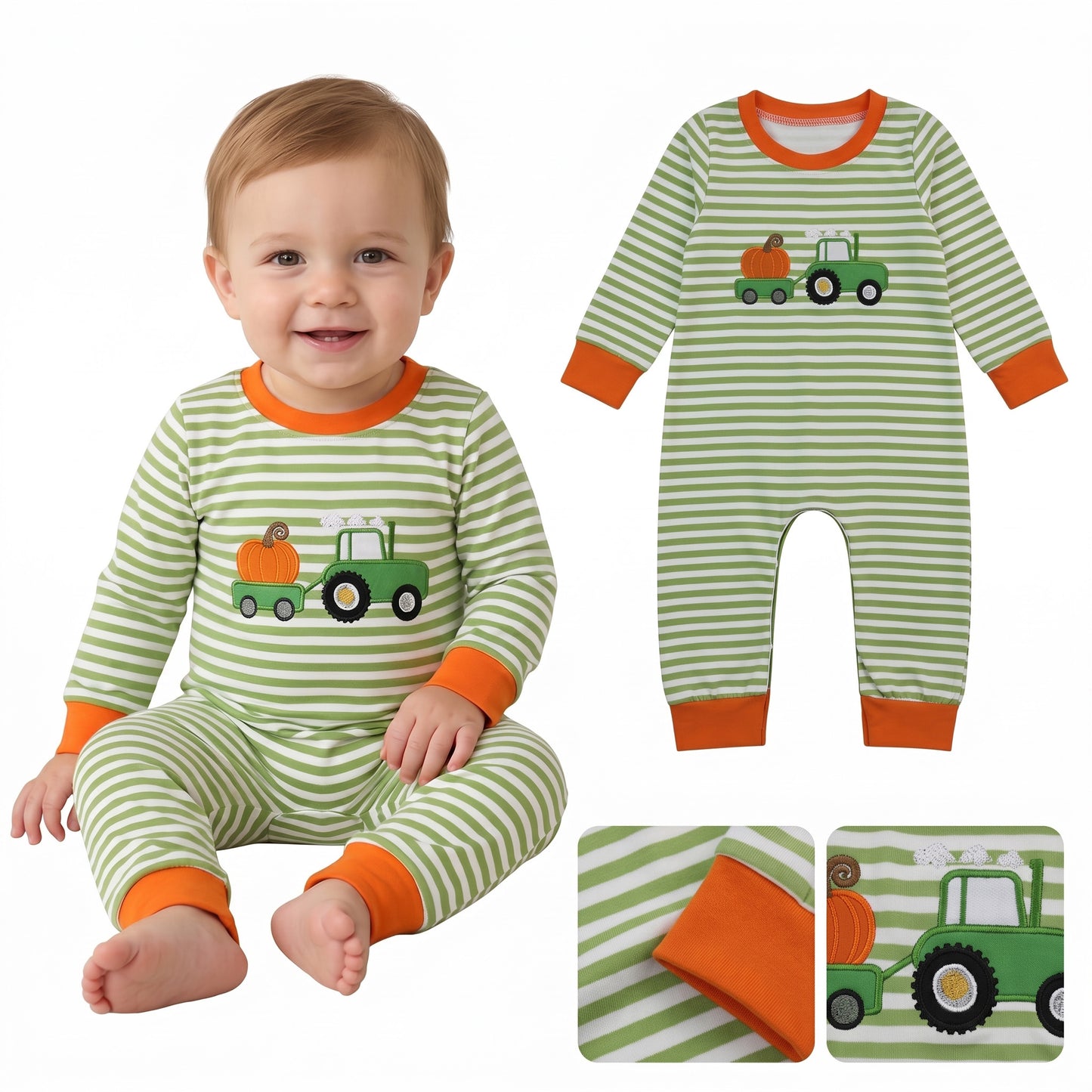 RTS LR3036 embroidery pumpkin truck Halloween boy romper 202609