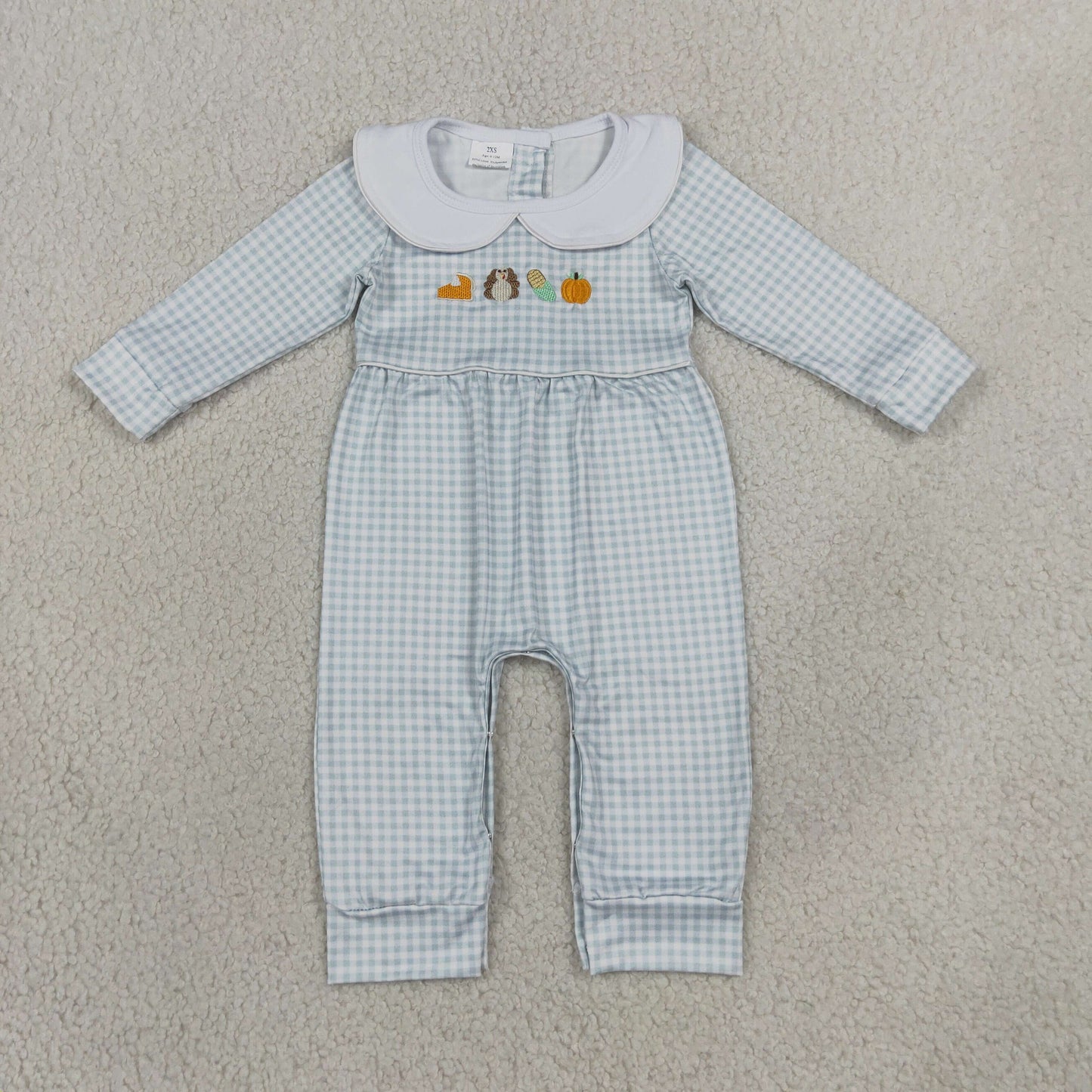 RTS LR3105 embroidery Kids Gingham Embroidery Long Sleeve Zipper Romper 202608