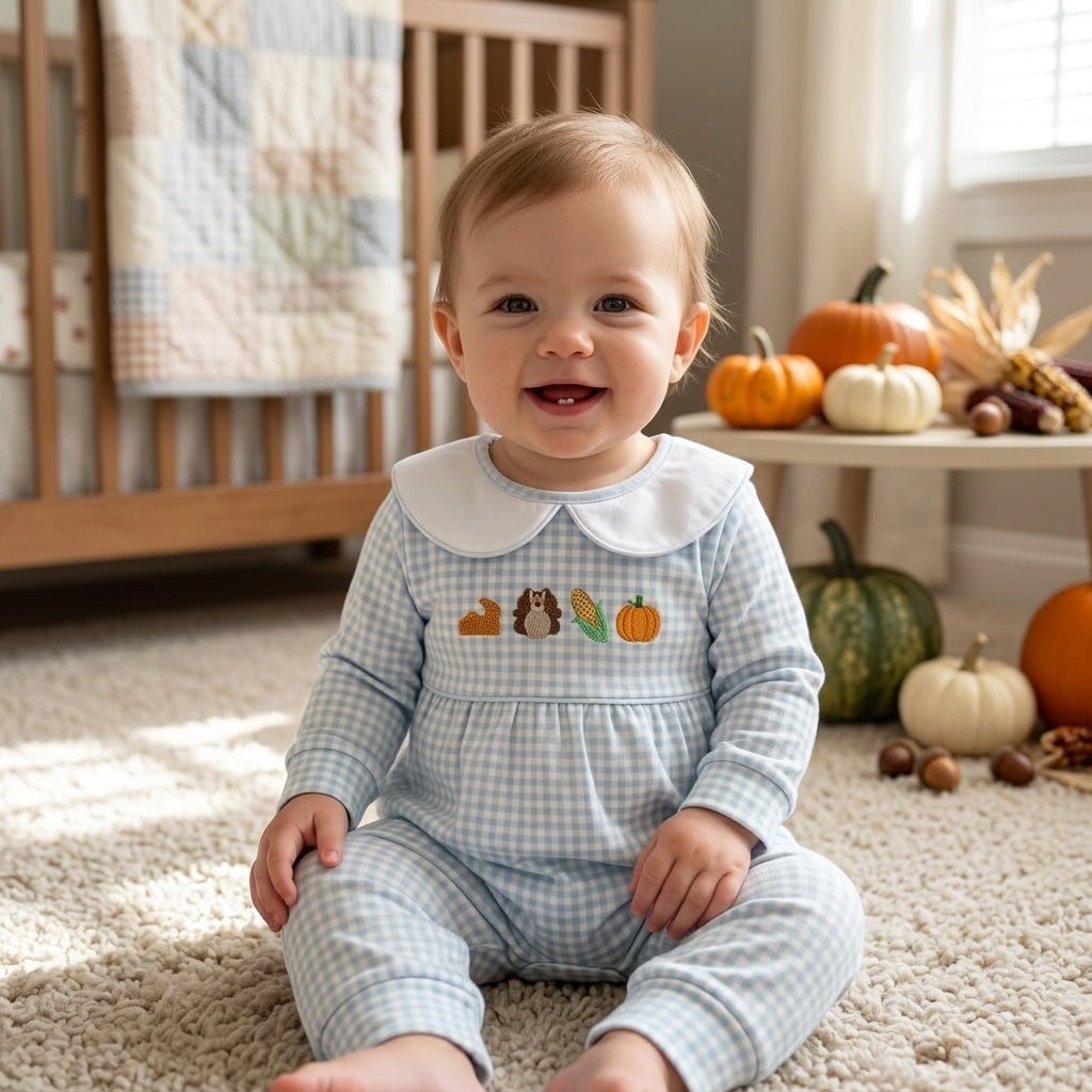 RTS LR3105 embroidery Kids Gingham Embroidery Long Sleeve Zipper Romper 202608