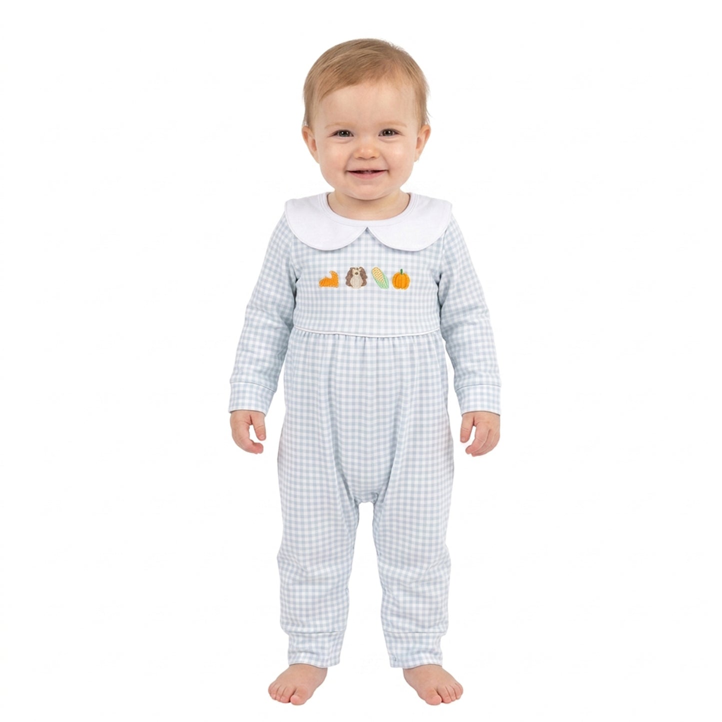 RTS LR3105 embroidery Kids Gingham Embroidery Long Sleeve Zipper Romper 202608