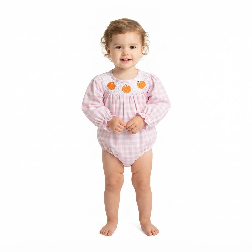 NO MOQ RTS LR3106-smocked Baby Girl Clothes Pink Gingham Pumpkin Embroidery Print Long Sleeve Bubble Romper 202609