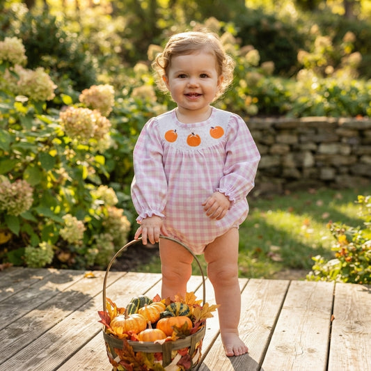 NO MOQ RTS LR3106-smocked Baby Girl Clothes Pink Gingham Pumpkin Embroidery Print Long Sleeve Bubble Romper 202609