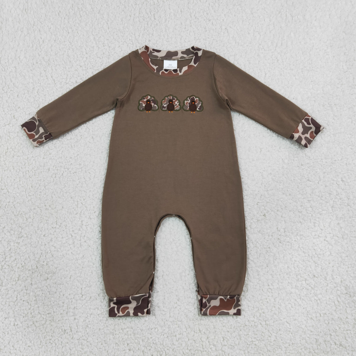 NO MOQ RTS LR3108-embroidery Baby Boy Clothes Turkey Embroidery Camo Splicing Print Long Sleeve Romper 202609