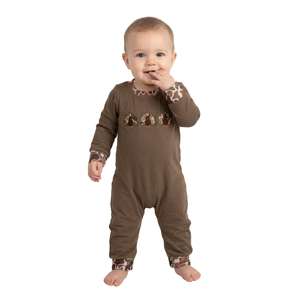 NO MOQ RTS LR3108-embroidery Baby Boy Clothes Turkey Embroidery Camo Splicing Print Long Sleeve Romper 202609