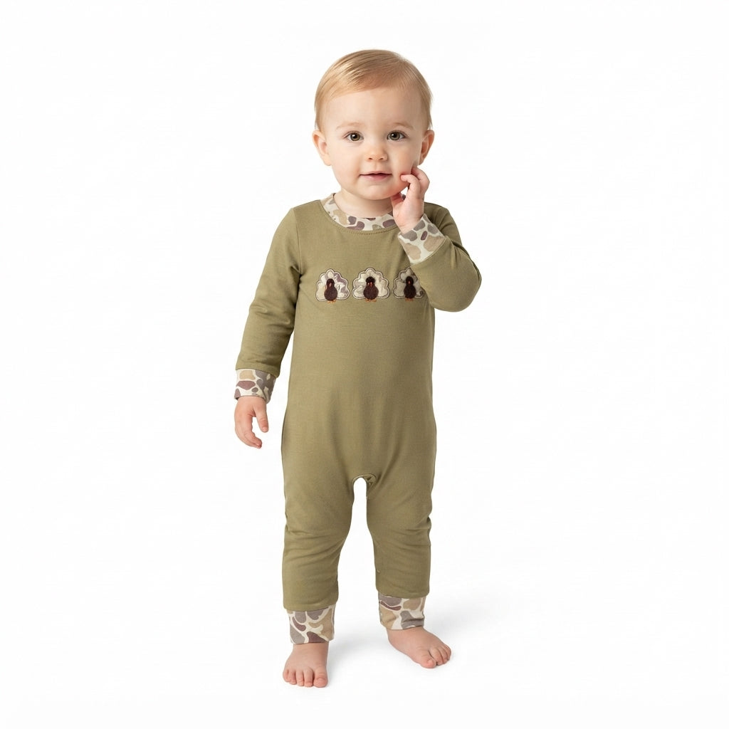 NO MOQ RTS LR3109-embroidery Baby Boy Clothes Solid Olive Plain Long Sleeve Turkey Embroidery Camo Cuff Romper 202610