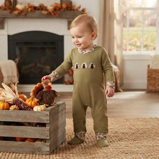 NO MOQ RTS LR3109-embroidery Baby Boy Clothes Solid Olive Plain Long Sleeve Turkey Embroidery Camo Cuff Romper 202610