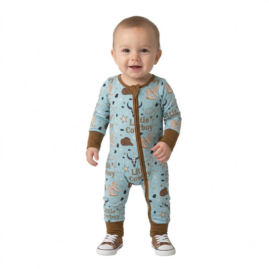 NO MOQ RTS LR3124(3) Baby Boy Clothes Little Cowboy Hat Boot Longhorn Western Print Long Sleeve Zipper Romper 202609