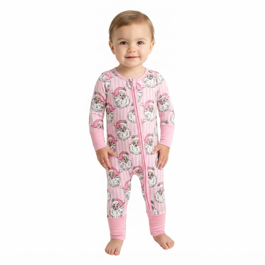 NO MOQ RTS LR3125 Baby Girl Clothes Pink Stripe Santa Claus Full Print Long Sleeve Zipper Romper 202609