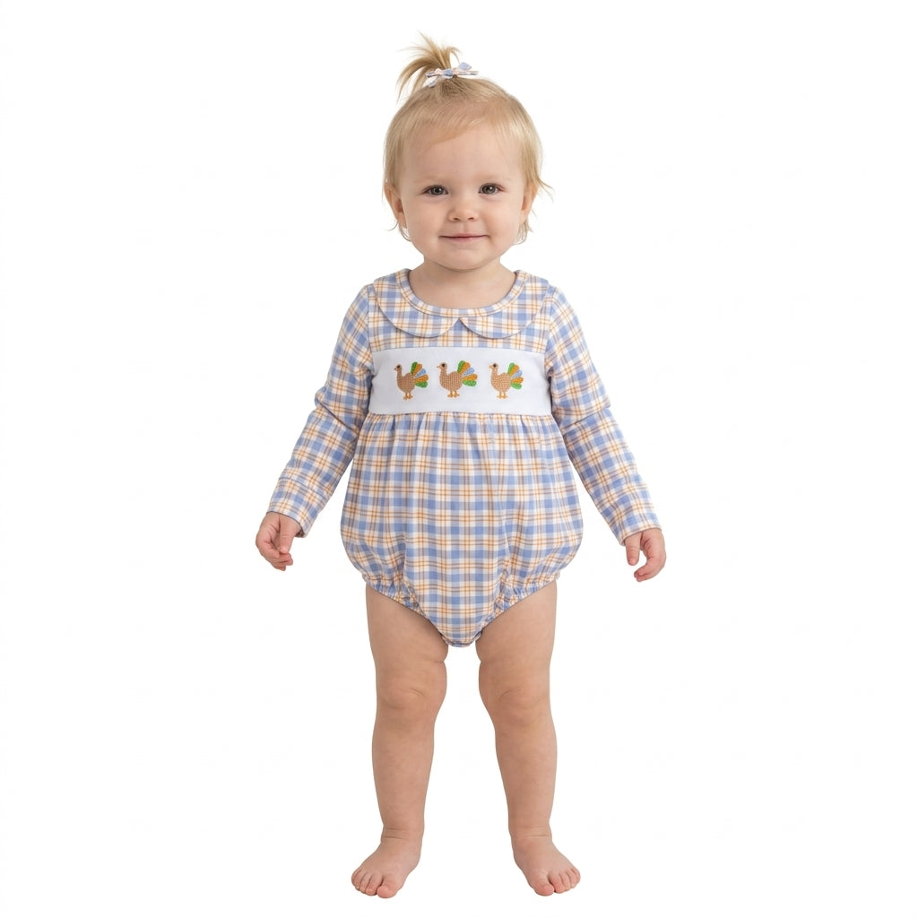NO MOQ RTS LR3132 Baby Girl Clothes Thanksgiving Turkey Embroidery Plaid Print Long Sleeve Bubble Romper 202610