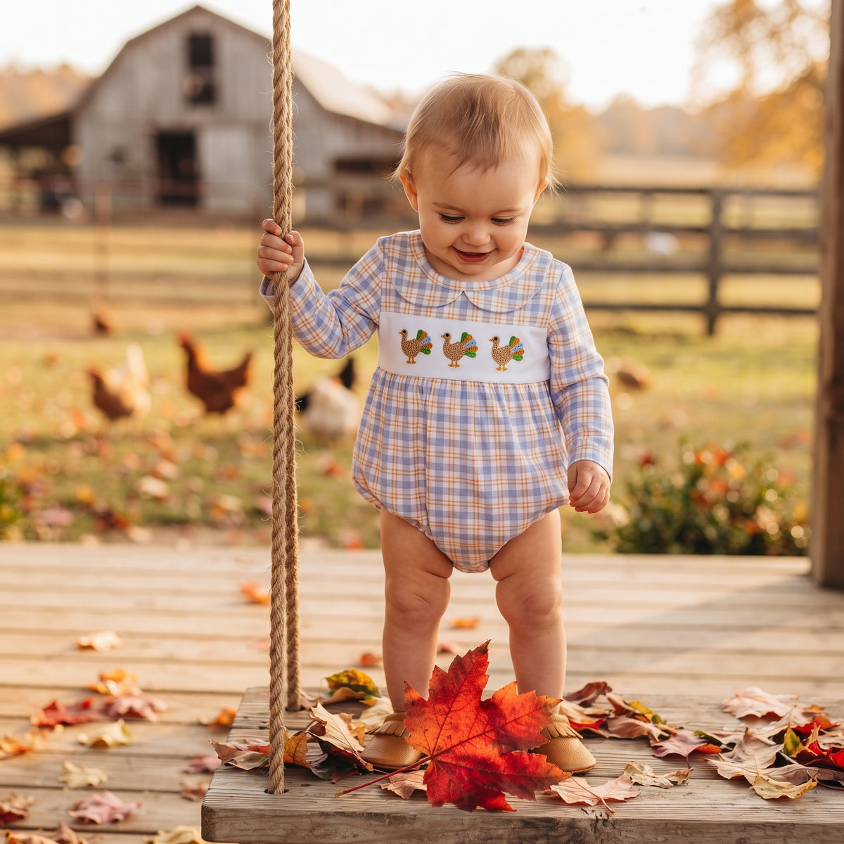 NO MOQ RTS LR3132 Baby Girl Clothes Thanksgiving Turkey Embroidery Plaid Print Long Sleeve Bubble Romper 202610