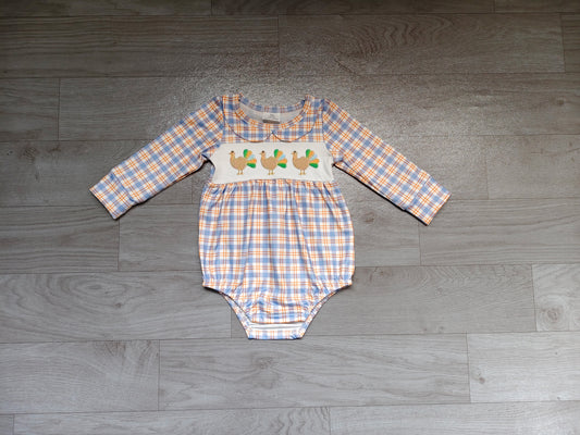 Sample-Real Pics LR3132 Baby Girl Clothes Thanksgiving Turkey Plaid Print Long Sleeve Bubble Romper