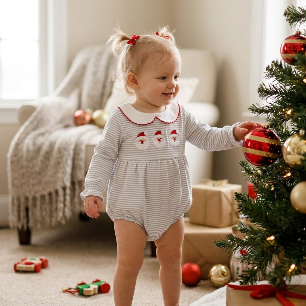 NO MOQ RTS LR3136-embroidery Baby Girl Clothes Light Blue Stripe Print Long Sleeve Santa Embroidery Peter Pan Collar Bubble Romper 202610