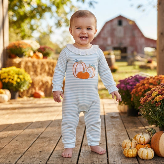NO MOQ RTS LR3137 embroidery Baby Girl Clothes Pumpkin Patch Applique Striped Print Long Sleeve Ruffle Romper 202609